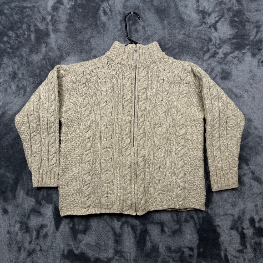 Aran Crafts Full Zip Cardigan Size M Beige 100% Merino Wool Cable Knit Ireland